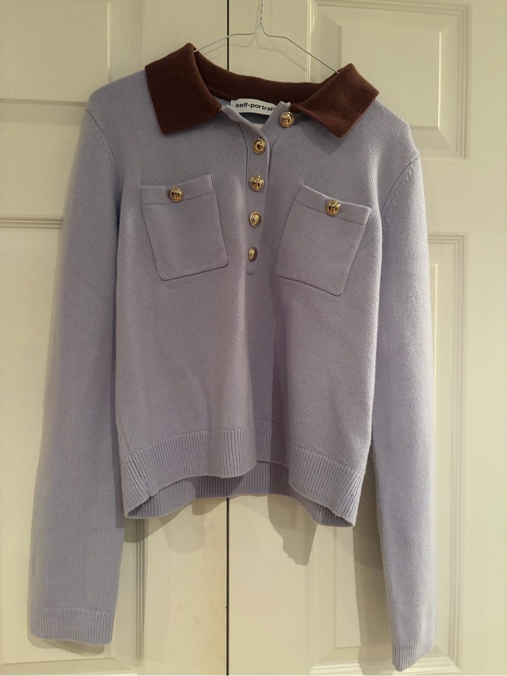 Self-Portrait Blue V-Neck Polo Sweater with Brown Collar